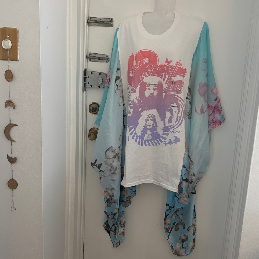 Led Zeppelin Graphic Tee Poncho with floral silk sleeves, hippie festival, flowy